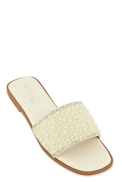Womens Rhinestone Trim Faux Pearl Band Slide Sandals, White, Size 11