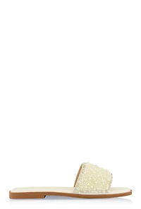 Womens Rhinestone Trim Faux Pearl Band Slide Sandals, White, Size 11