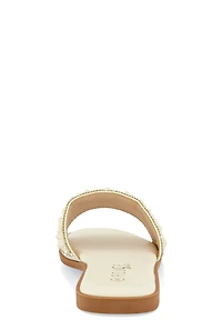 Womens Rhinestone Trim Faux Pearl Band Slide Sandals, White, Size 11