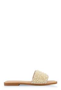 Womens Rhinestone Trim Faux Pearl Band Slide Sandals, Beige, Size 9