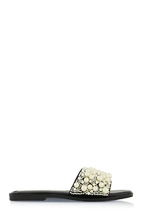 Womens Faux Pearl Rhinestone Band Slide Sandals, Black, Size 9