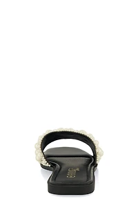 Womens Faux Pearl Rhinestone Band Slide Sandals, Black, Size 9