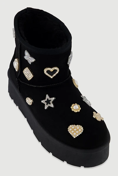 Womens Faux Suede Platform Booties with Rhinestone Charms,