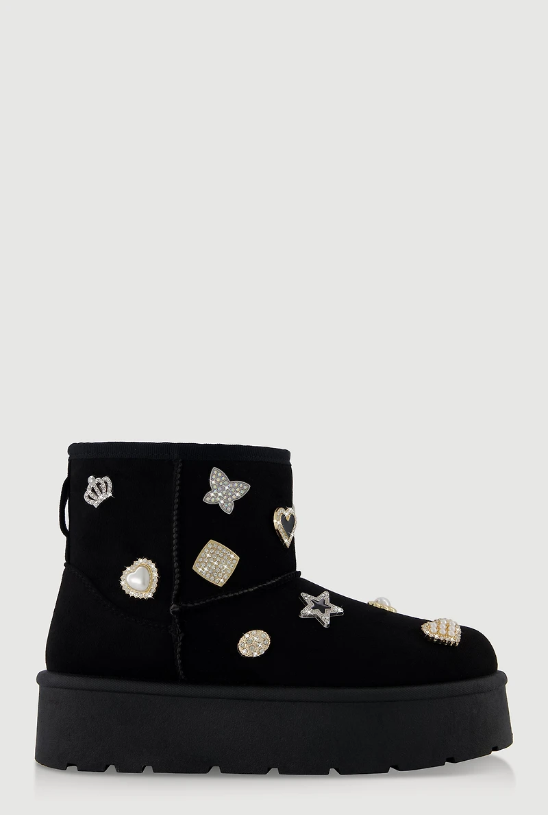 Womens Faux Suede Platform Booties with Rhinestone Charms,
