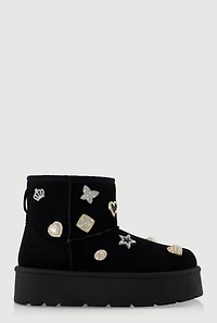 Womens Faux Suede Platform Booties with Rhinestone Charms,