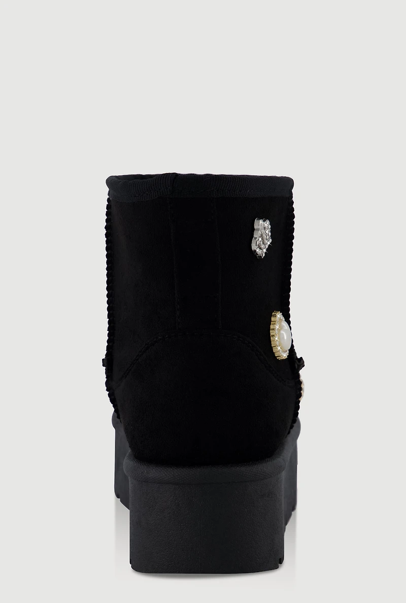 Womens Faux Suede Platform Booties with Rhinestone Charms,
