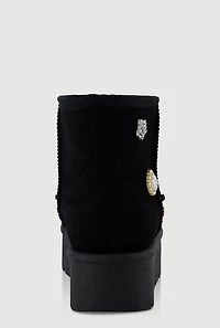 Womens Faux Suede Platform Booties with Rhinestone Charms,