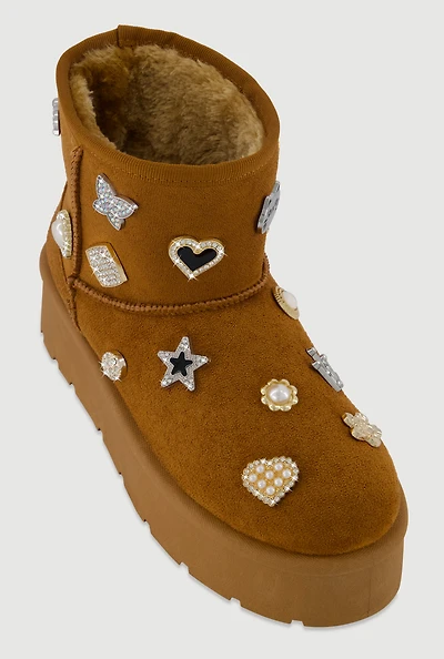 Womens Faux Suede Platform Booties with Rhinestone Charms, Brown,