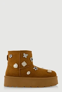 Womens Faux Suede Platform Booties with Rhinestone Charms, Brown,