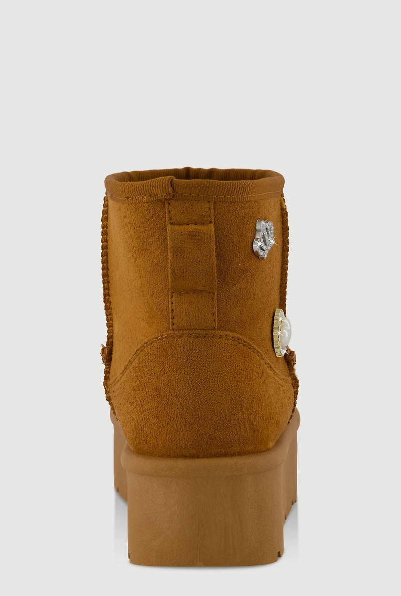 Womens Faux Suede Platform Booties with Rhinestone Charms, Brown,