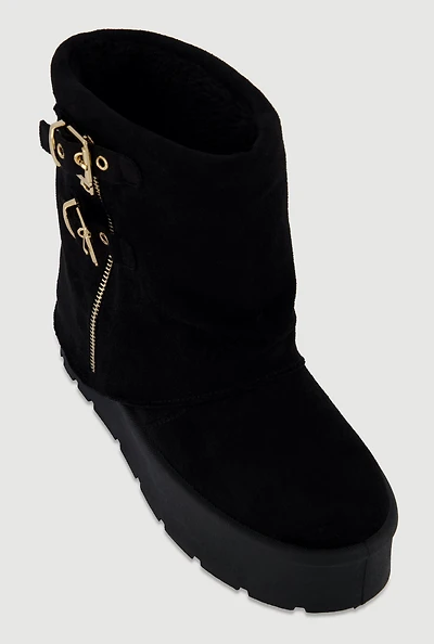 Womens Faux Suede Platform Ankle Boots with Buckles and Zip Detail, Black,
