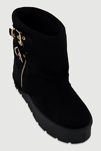 Womens Faux Suede Platform Ankle Boots with Buckles and Zip Detail, Black, Size 11