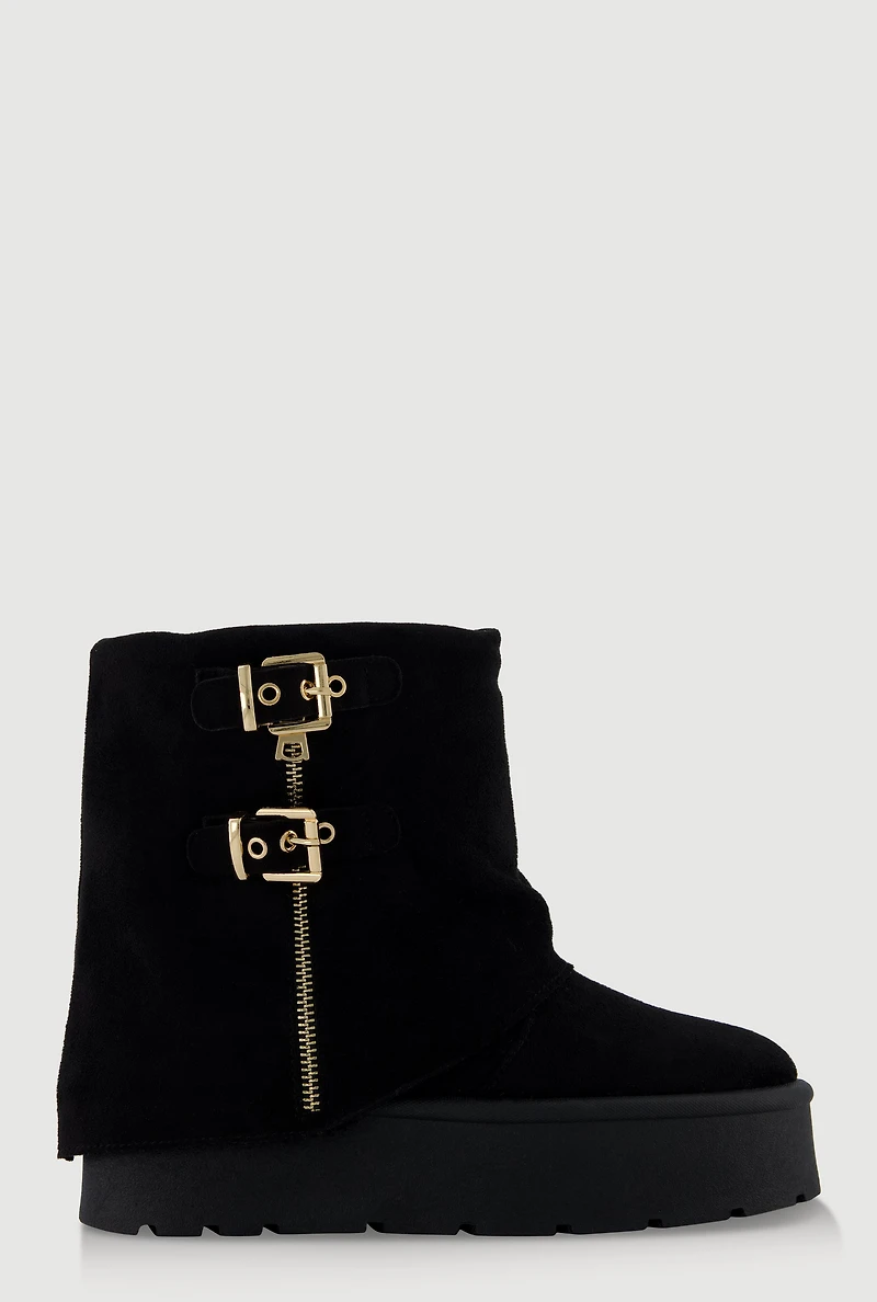Womens Faux Suede Platform Ankle Boots with Buckles and Zip Detail, Black, Size 11