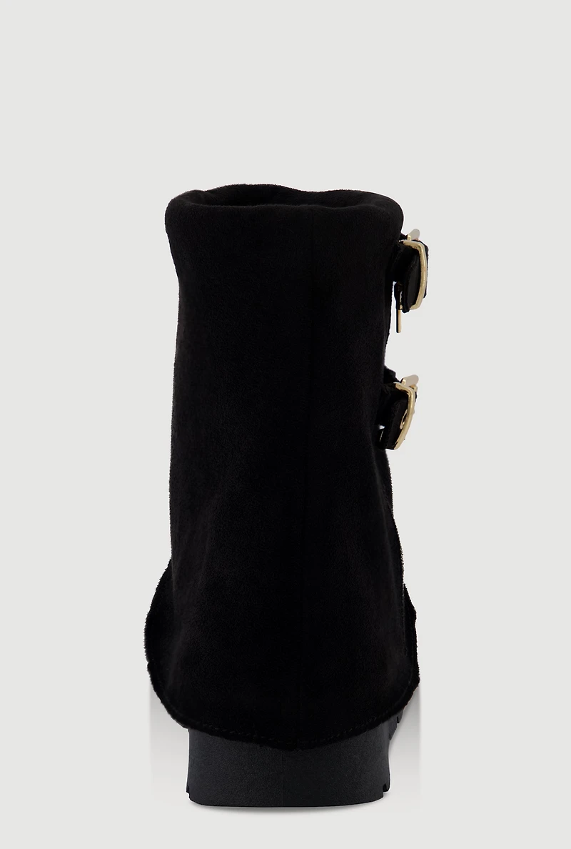 Womens Faux Suede Platform Ankle Boots with Buckles and Zip Detail, Black, Size 11