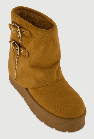 Womens Faux Suede Platform Ankle Boots with Buckles and Zip Detail, Brown,