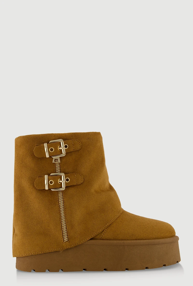 Womens Faux Suede Platform Ankle Boots with Buckles and Zip Detail, Brown,