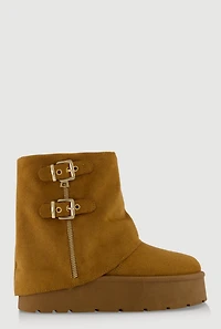 Womens Faux Suede Platform Ankle Boots with Buckles and Zip Detail, Brown,