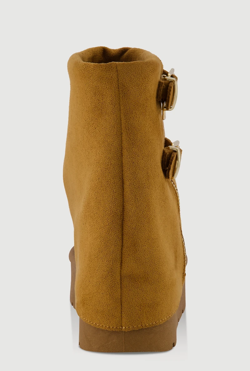 Womens Faux Suede Platform Ankle Boots with Buckles and Zip Detail, Brown,