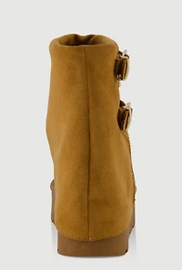 Womens Faux Suede Platform Ankle Boots with Buckles and Zip Detail, Brown,