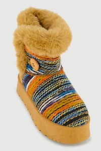 Womens Faux Fur Lined Button Loop Platform Booties, Multi,