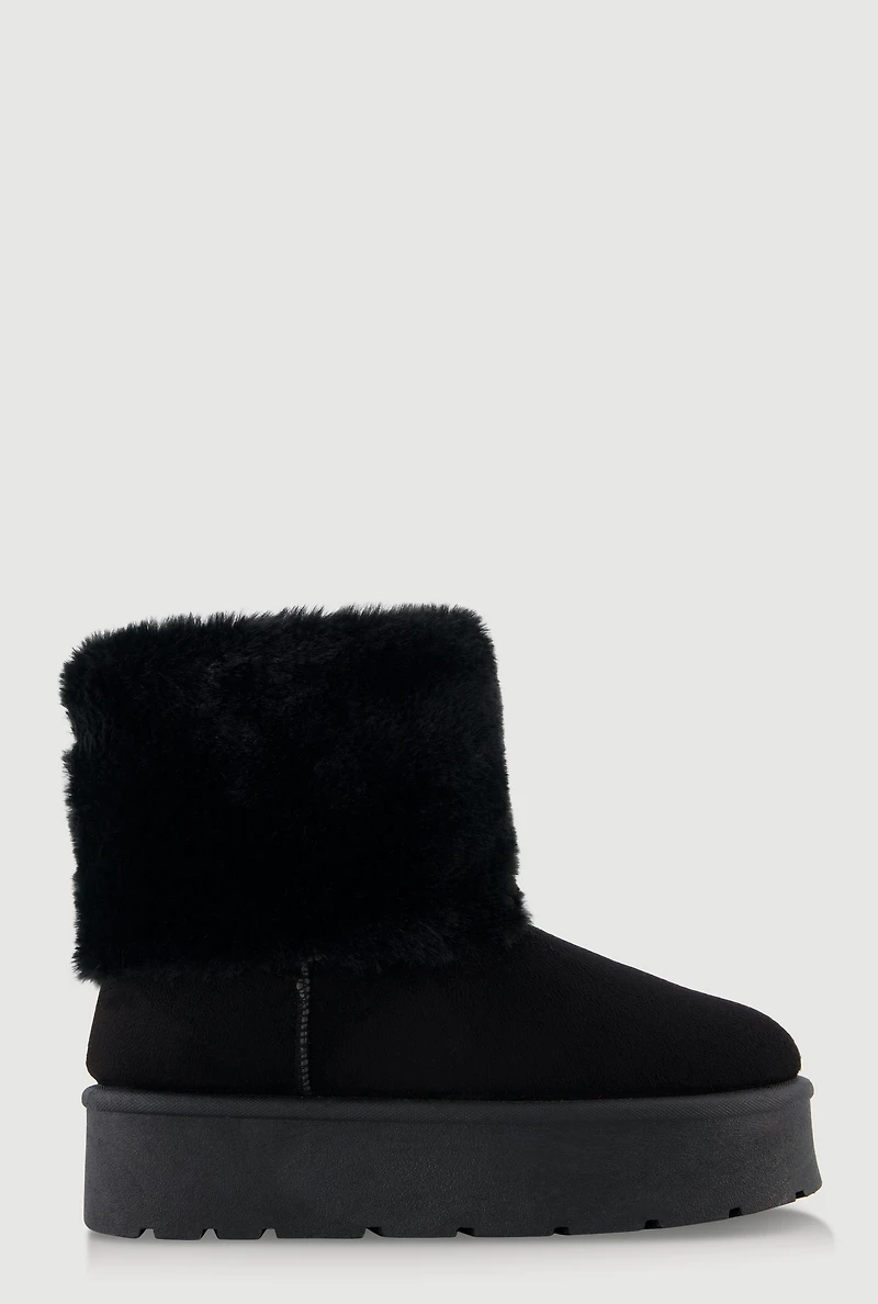 Womens Faux Fur Cuff Platform Booties, Black,