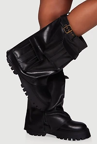 Womens Belt Detail Cargo Pocket Fold Over Platform Boots,