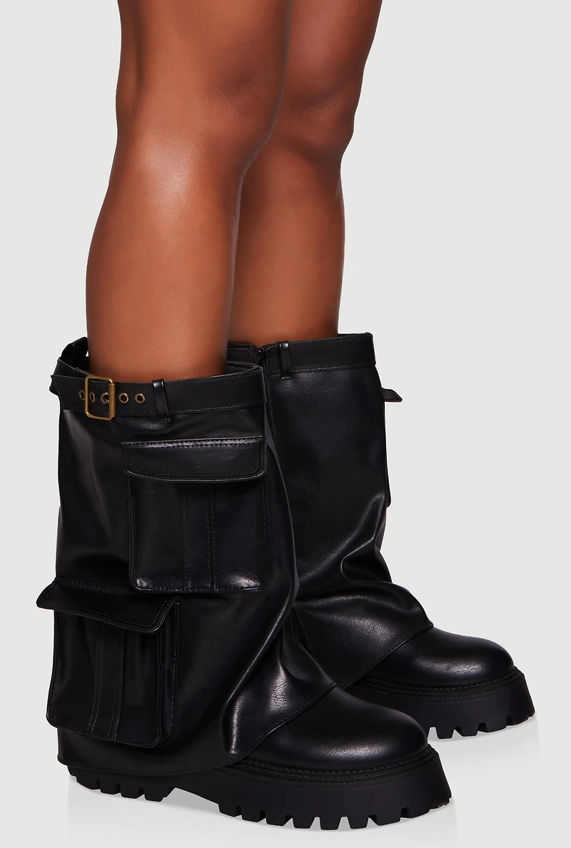 Womens Belt Detail Cargo Pocket Fold Over Platform Boots,