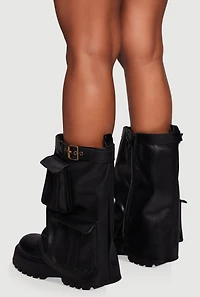 Womens Belt Detail Cargo Pocket Fold Over Platform Boots,