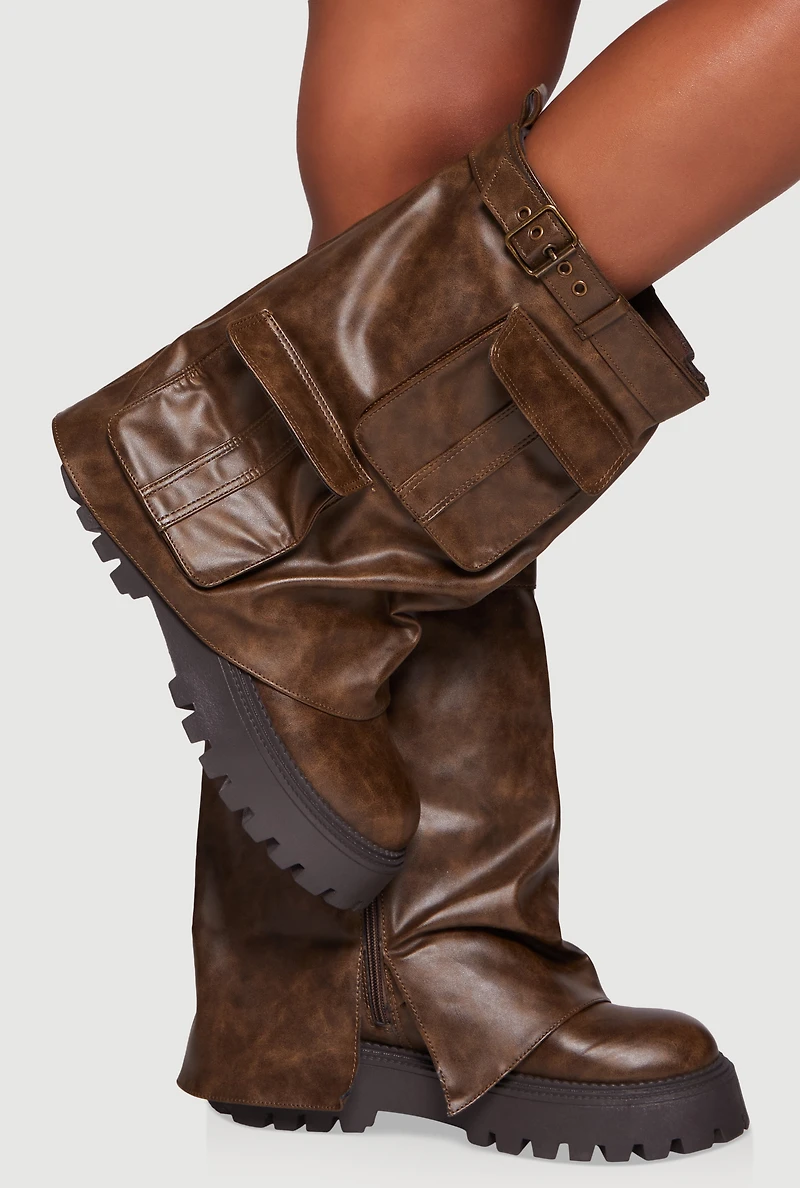 Belt Detail Cargo Pocket Fold Over Platform Boots