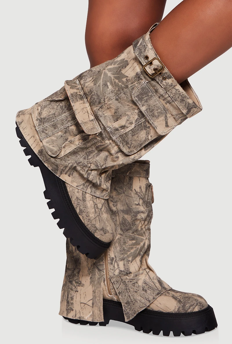 Belt Detail Cargo Pocket Fold Over Platform Boots