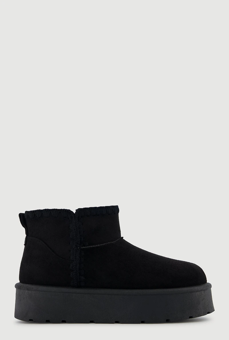 Trendy Faux Fur Lined Suede Crochet Detail Platform Booties
