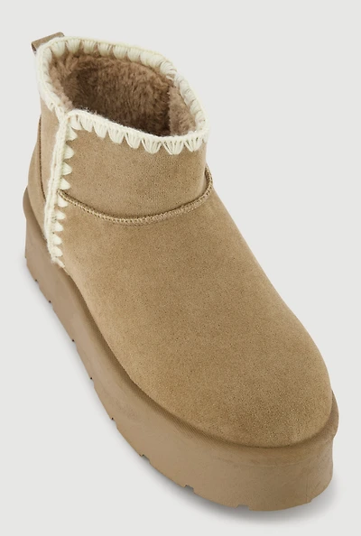 Womens Trendy Faux Fur Lined Suede Crochet Detail Platform Booties,