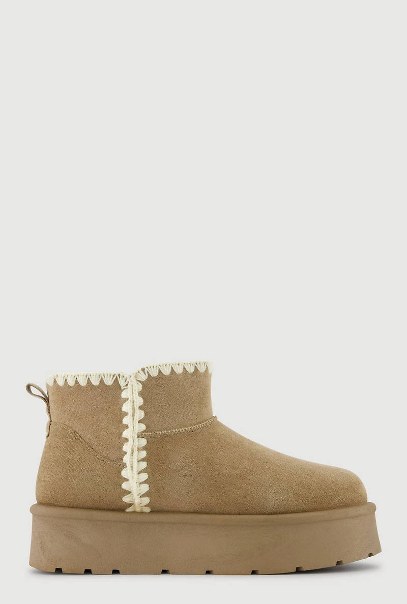Womens Trendy Faux Fur Lined Suede Crochet Detail Platform Booties,