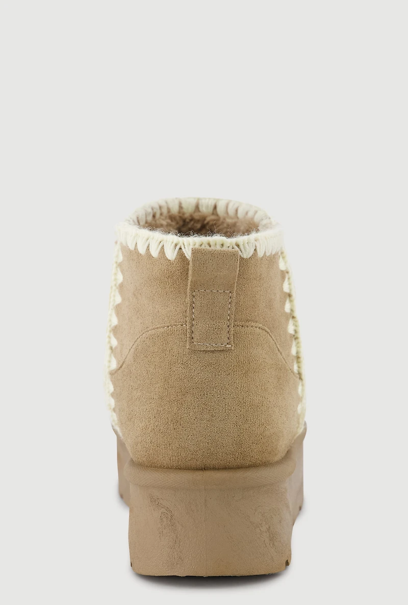 Trendy Faux Fur Lined Suede Crochet Detail Platform Booties