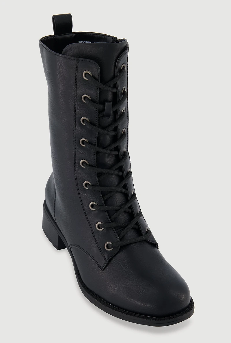 Trendy Faux Leather Side Zip Lace Up Combat Boots