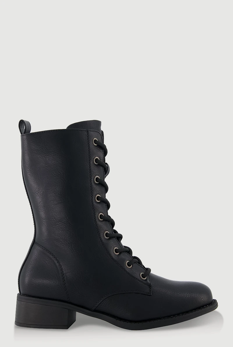 Womens Trendy Faux Leather Side Zip Lace Up Combat Boots, Black,