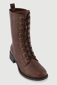 Trendy Faux Leather Side Zip Lace Up Combat Boots