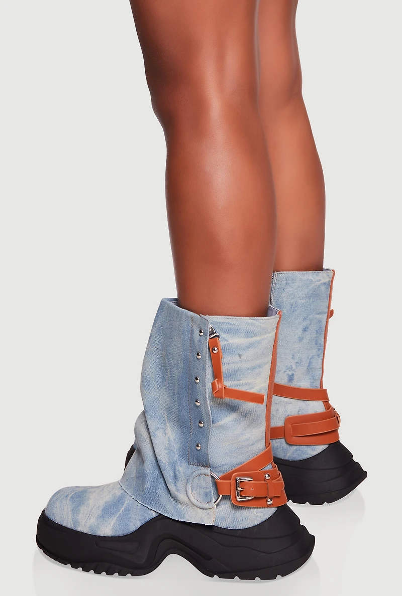 Faux Leather Ankle Strap Denim Chunky Platform Boot