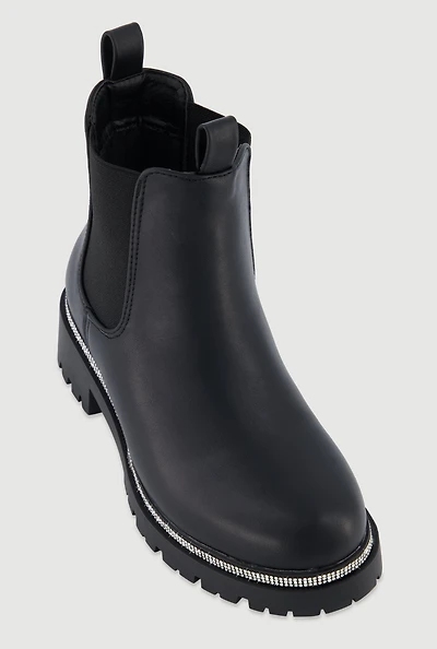 Womens Faux Leather Rhinestone Trim Block Heel Chelsea Boots, Black, Size 7