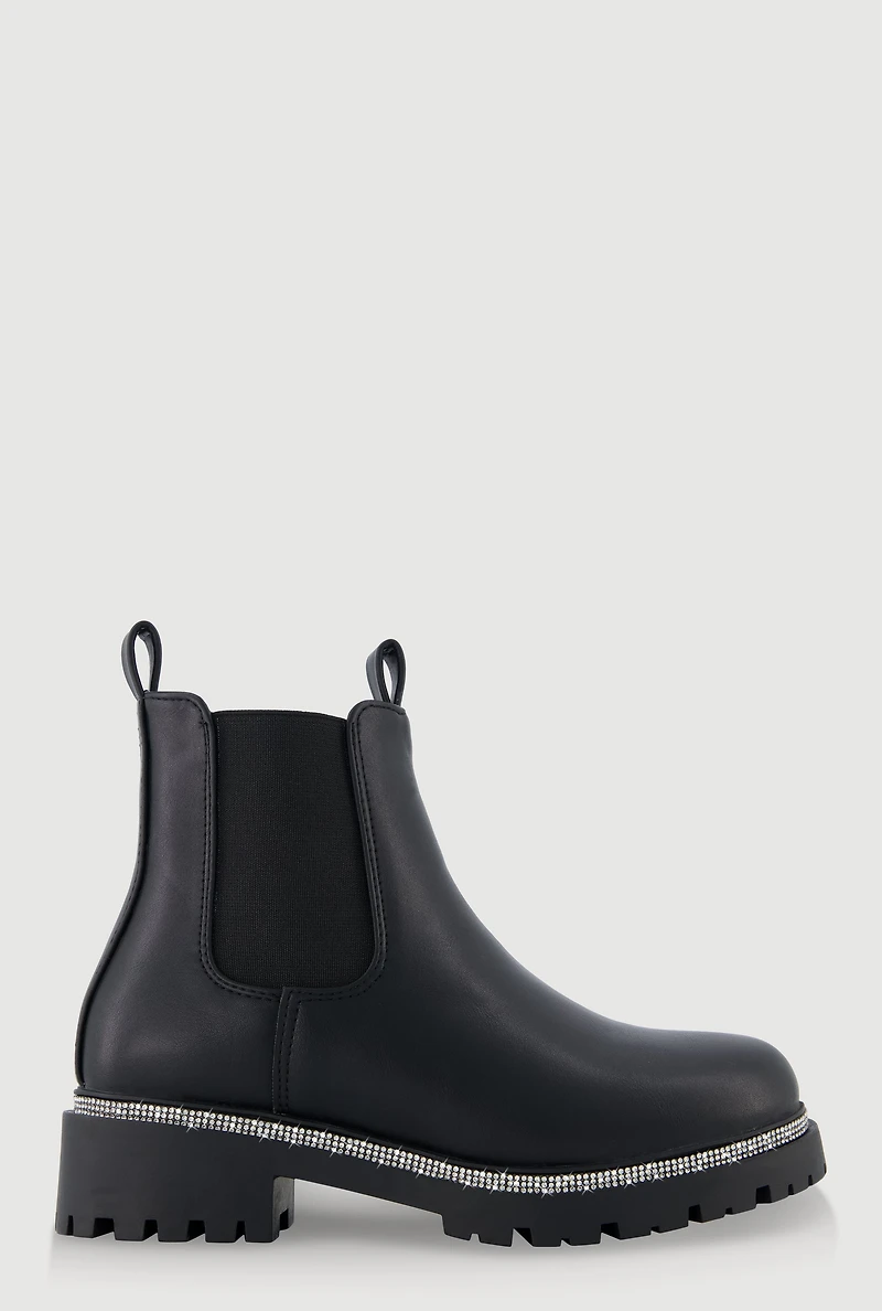 Womens Faux Leather Rhinestone Trim Block Heel Chelsea Boots, Black, Size 7