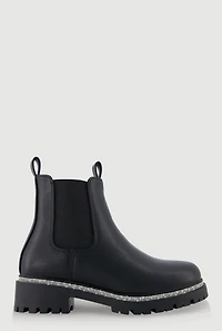 Womens Faux Leather Rhinestone Trim Block Heel Chelsea Boots, Black, Size 7