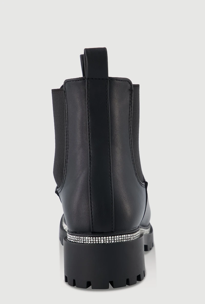 Womens Faux Leather Rhinestone Trim Block Heel Chelsea Boots, Black, Size 7