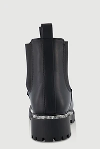 Womens Faux Leather Rhinestone Trim Block Heel Chelsea Boots, Black, Size 7