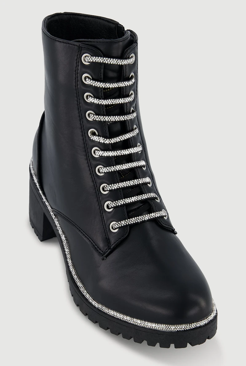 Womens Rhinestone Trim Lace Up Chunky Heel Combat Boots, Black,