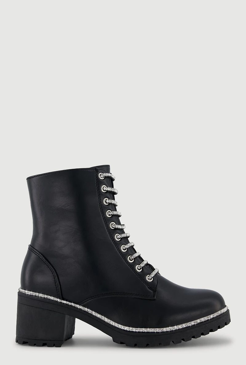 Womens Rhinestone Trim Lace Up Chunky Heel Combat Boots, Black,