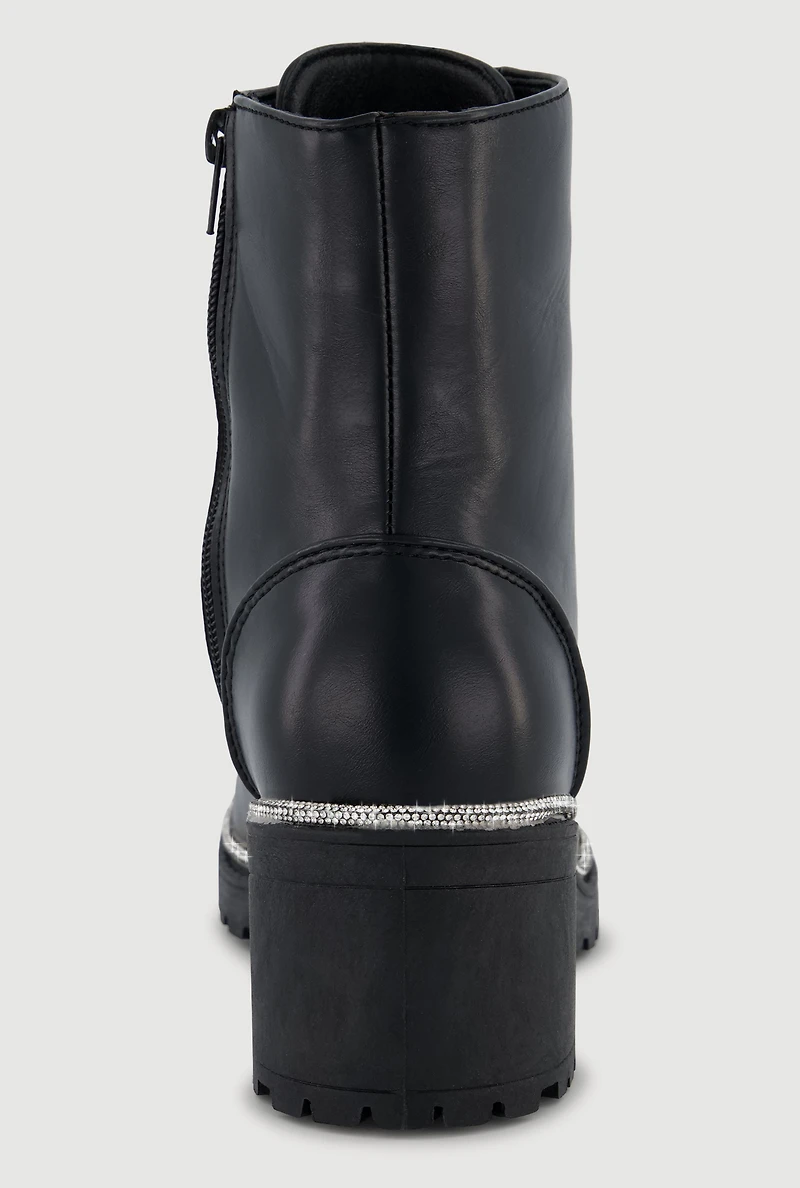 Rhinestone Trim Lace Up Chunky Heel Combat Boots
