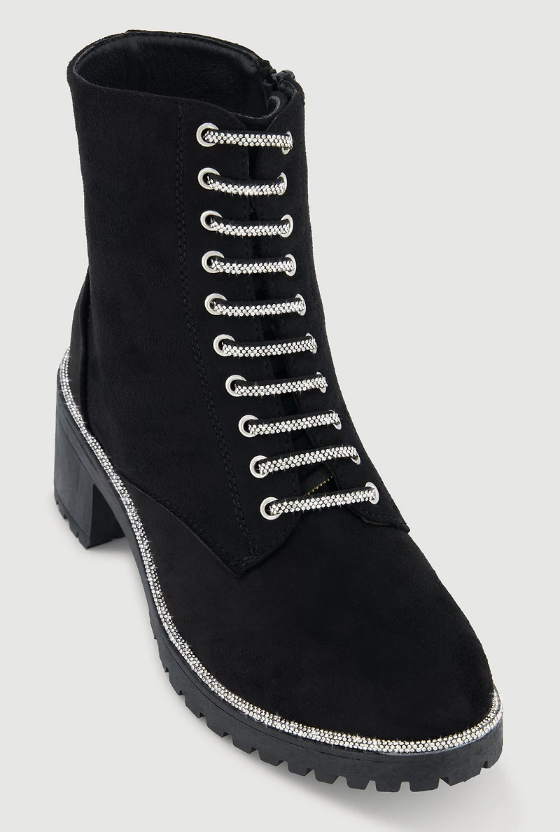 Womens Rhinestone Trim Lace Up Chunky Heel Combat Boots, Black,