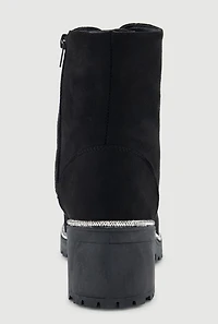 Womens Rhinestone Trim Lace Up Chunky Heel Combat Boots, Black, Size 10