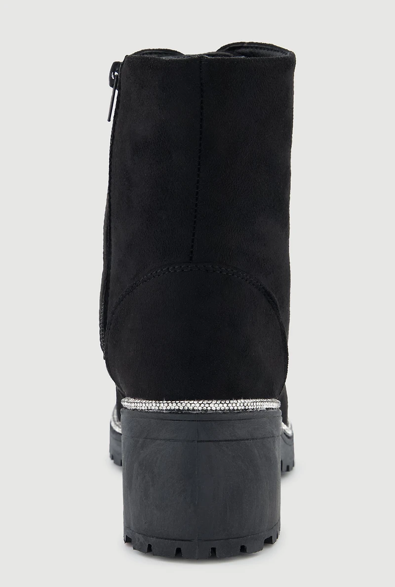Womens Rhinestone Trim Lace Up Chunky Heel Combat Boots, Black, Size 9