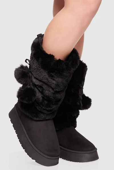 Womens Faux Fur Platform Boots with Pom Poms,